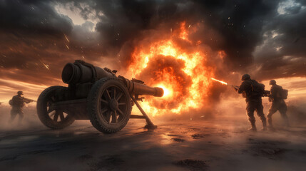 Wall Mural - Soldiers deploying massive artillery guns during an intense battle