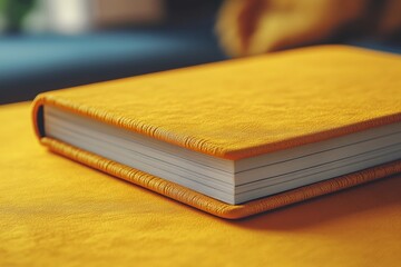 Poster - Yellow book with a leather cover sits on a table. book is open to a page with a white background. book appears to be a novel or a collection of short stories. Writing Pad on a Vibrant Yellow Surface