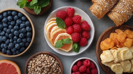 Fototapete - Elegant display of breakfast foods emphasizing calorie control and healthy options set in a minimalistic space