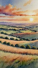 Wall Mural - beautiful sunset over rolling hills showcases vibrant colors and serene landscapes. warm hues of sky reflect on lush fields, creating peaceful atmosphere