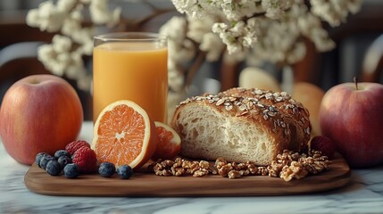 Fototapete - Elegant display of breakfast foods emphasizing calorie control and healthy options set in a minimalistic space