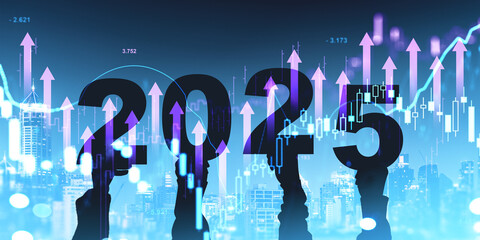 Poster - New Year 2025 Concept with Growth Graphs in Bangkok City Background.