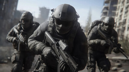 Poster - Soldiers moving through an abandoned city, searching for enemy snipers