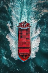 Aerial view of a cargo ship navigating through the ocean waves under bright sunlight