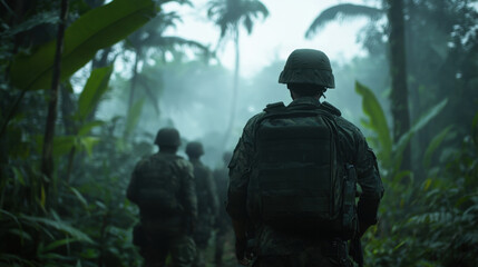 Wall Mural - Soldiers preparing for an ambush in a dense jungle