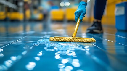 Poster - Employee in gloves using a mop to clean a tiled floor emphasizing hygiene and cleanliness