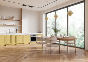 Sticker - Modern kitchen and dining area with large windows and yellow cabinets. 3D Rendering