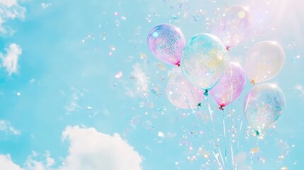 Wall Mural - Colorful balloons floating in a bright sky with bokeh light effect, cheerful celebration.
