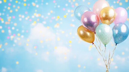Wall Mural - Colorful balloons floating in a bright sky with bokeh light effect, cheerful celebration.