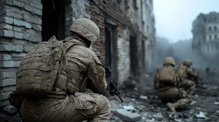 Wall Mural - Soldiers taking cover behind ruined buildings during a firefight