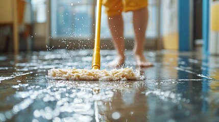 Poster - Employee using a mop to clean a dirty floor showcasing thorough cleaning and home maintenance