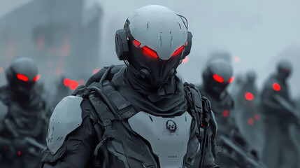 Poster - A futuristic soldier in advanced armor leading his troops into battle