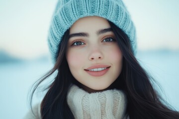 A young woman wearing a blue knit hat and white sweater is smiling warmly amidst a snowy background, capturing a moment of serenity in a wintry setting.