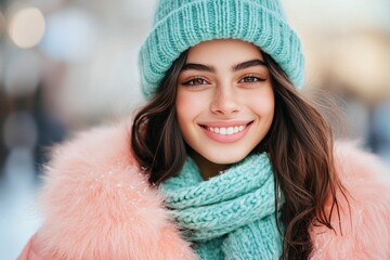 A cheerful woman with long hair wearing a pink coat and mint scarf, smiling warmly in a snowy setting, showcasing joy and warmth in the winter season.