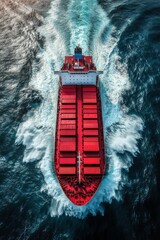 Aerial view of a cargo ship navigating through the ocean waves under bright sunlight