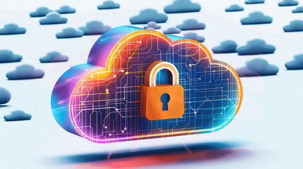 Cloud data security concept with digital lock icon on cloud symbolizing secure online data storage