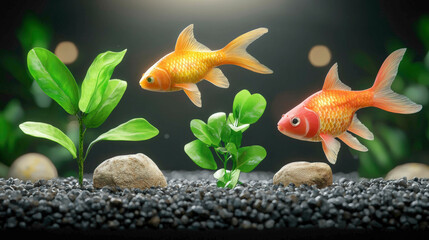 Two goldfish swim among lush aquatic plants and pebbles in a serene aquarium setting. The scene captures underwater tranquility and vibrant colors.