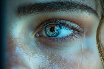 Close-up of a blue eye looking to the side, showing freckles and eyelashes.