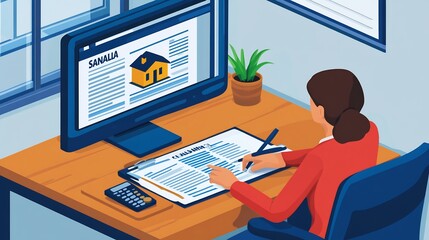 Poster - Insurance agent explaining a property insurance policy to a client in an office setting with insurance documents a computer screen showing policy details and a pen on the desk