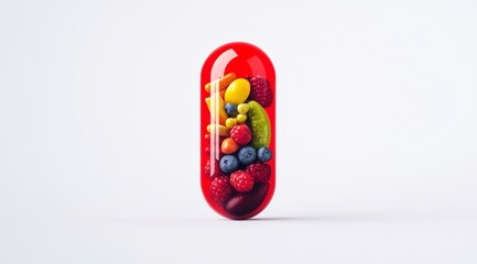 Poster - Red pill with a bunch of fruits inside. The pill is shaped like a fruit and contains a variety of fruits such as raspberries, blueberries, and bananas. The pill is placed on a white background