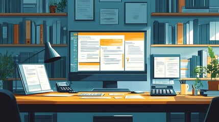 Fototapete - Office scene where a financial advisor is explaining a credit agreement to a client with a large desk covered in financial documents a computer screen and a calculator