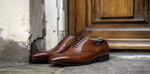 A pair of elegant brown leather shoes placed near a wooden door.