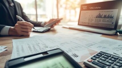 Fototapete - Office scene with a financial advisor explaining a credit agreement to a client featuring financial documents a calculator and a computer screen displaying credit terms