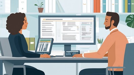Fototapete - Office scene with a financial advisor explaining a credit agreement to a client featuring financial documents a calculator and a computer screen displaying credit terms