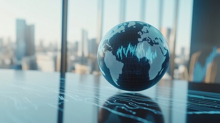 Poster - Digital globe with data visualization, city skyline background
