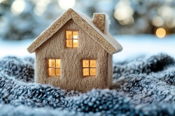Wall Mural - small model house sitting on a knitted scarf with winter background