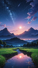 Wall Mural - serene landscape featuring majestic mountains under starry sky, with vibrant sunset reflecting on calm river. lush greenery and tranquil atmosphere evoke sense of peace and wonder