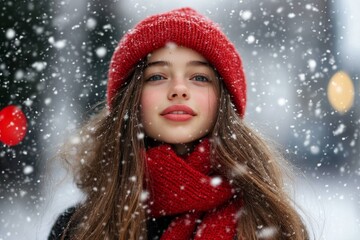 A young girl wearing a red hat and scarf stands amidst falling snowflakes, capturing a moment of wonder and serenity, her expression reflecting pure awe and delight.