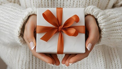 Woman in cozy sweater holding gift with orange bow, perfect for holiday greeting