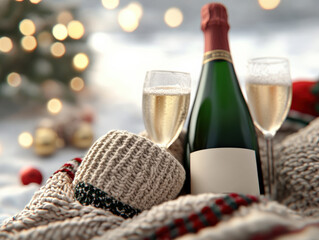 Cozy winter scene featuring bottle of champagne, two glasses, and knitted scarf, perfect for celebrating special moments. warm ambiance is enhanced by festive decorations