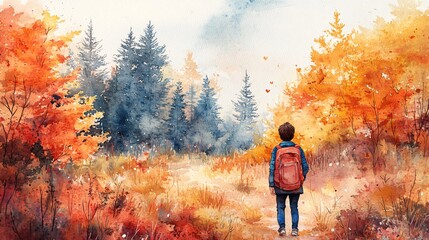 Watercolor illustration featuring a child carrying a backpack on an autumn hike, with vibrant fall colors and a playful back-to-school vibe.