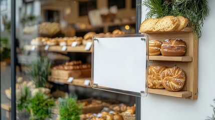 Wall Mural - Blank Sign Display on Wooden Shelf with Freshly Baked Bread.