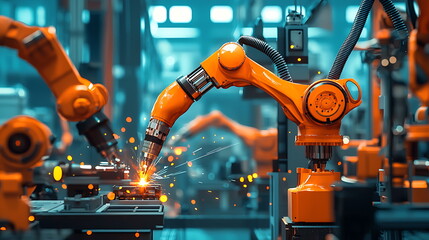 Fototapete - Revolutionizing manufacturing industrial robots enhancing welding processes in modern factories for optimal efficiency and precision