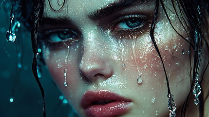 Poster - Dramatic closeup of a wet face captured in intense lighting emphasizing emotions with striking water drops and bold shadows