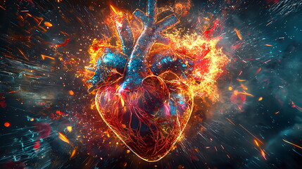 Poster - Explosive heart a fiery cosmic illustration capturing the essence of passion and energy in vivid colors