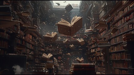 Poster - Whispers of the forgotten discovering the enchantment of an ancient library filled with flying books