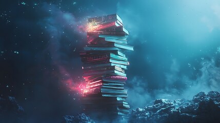 Poster - A tower of stacked novels glowing with forbidden words an enigmatic journey into literary mystique and imagination
