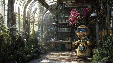 Poster - A surreal nursery where gardeners tend to robots watering blooming plants in a dreamlike environment