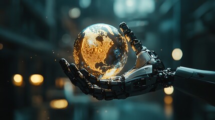 Aufkleber - A futuristic robot hand embracing a radiant globe symbolizing global connectivity and technological advancement