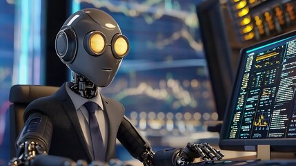 Fototapete - Futuristic trading a robot in a suit and tie mastering the financial market from a high-tech desk
