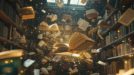 Poster - An enchanted library discover the magic of floating books in a whimsical realm of knowledge and imagination
