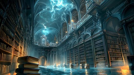 Poster - A mystical library of shadows exploring the enigma of empty bookshelves under electric skies and whispered secrets