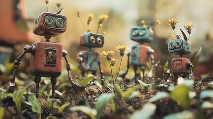 Poster - Exploring a vibrant ecosystem of robots witnessing the intriguing growth stages of mechanical life forms amidst nature's embrace