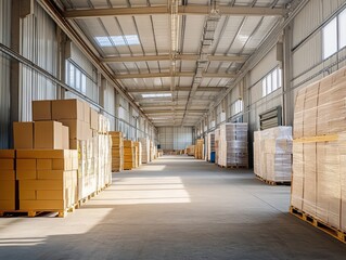 Warehouse Interior: A vast, sunlit warehouse interior with rows of neatly stacked cardboard boxes, showcasing the efficiency and organization of a modern distribution center.  