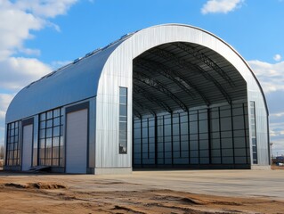 Modern Metal Quonset Hut: Spacious industrial building with arched roof and large doors. Ideal for storage, manufacturing, or warehousing.  