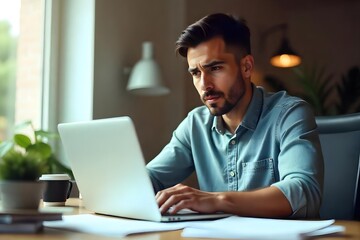 Young busy latin professional business man checking document working at laptop computer in office. Serious businessman accountant expert reading legal paper company file overview at workplace